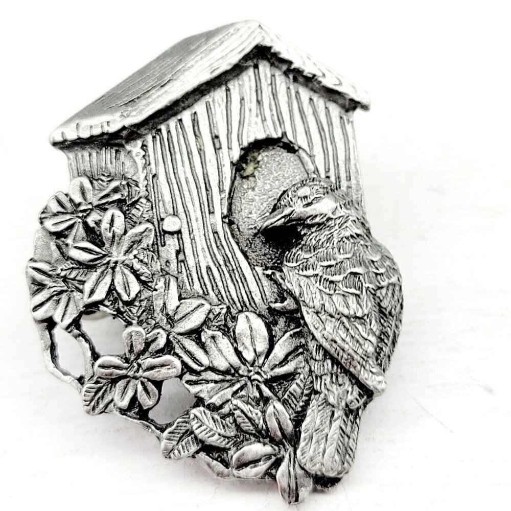 Vintage Birds & Blooms 1997 Pewter Brooch Limited Edition Bird Birdhouse Flowers